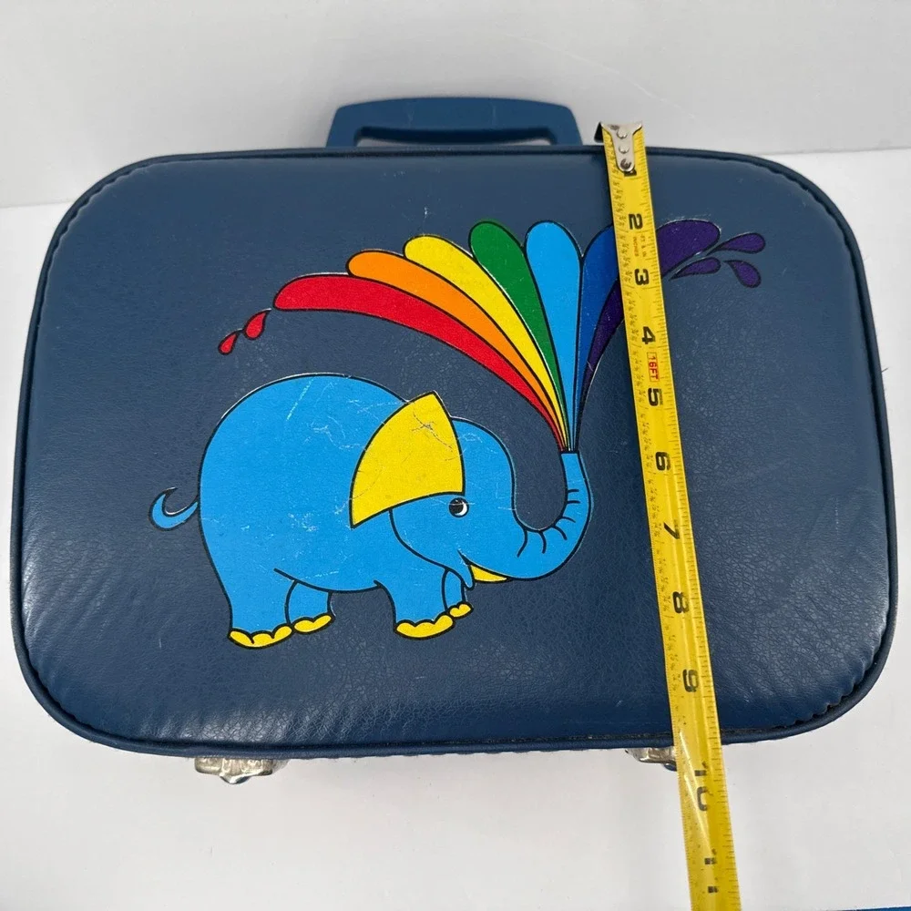 VTG 60s 70s Blue Elephant Rainbow Vinyl Kid's Hard Case Whimsical Suitcase
